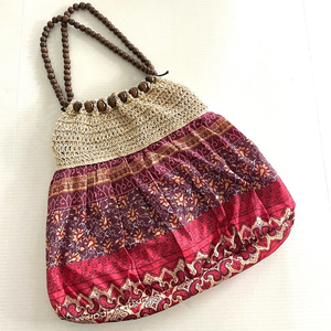 Boho‎ Bag Woven Straw Wooden Beads Handles Purse Tote Lined Bag Multicolor